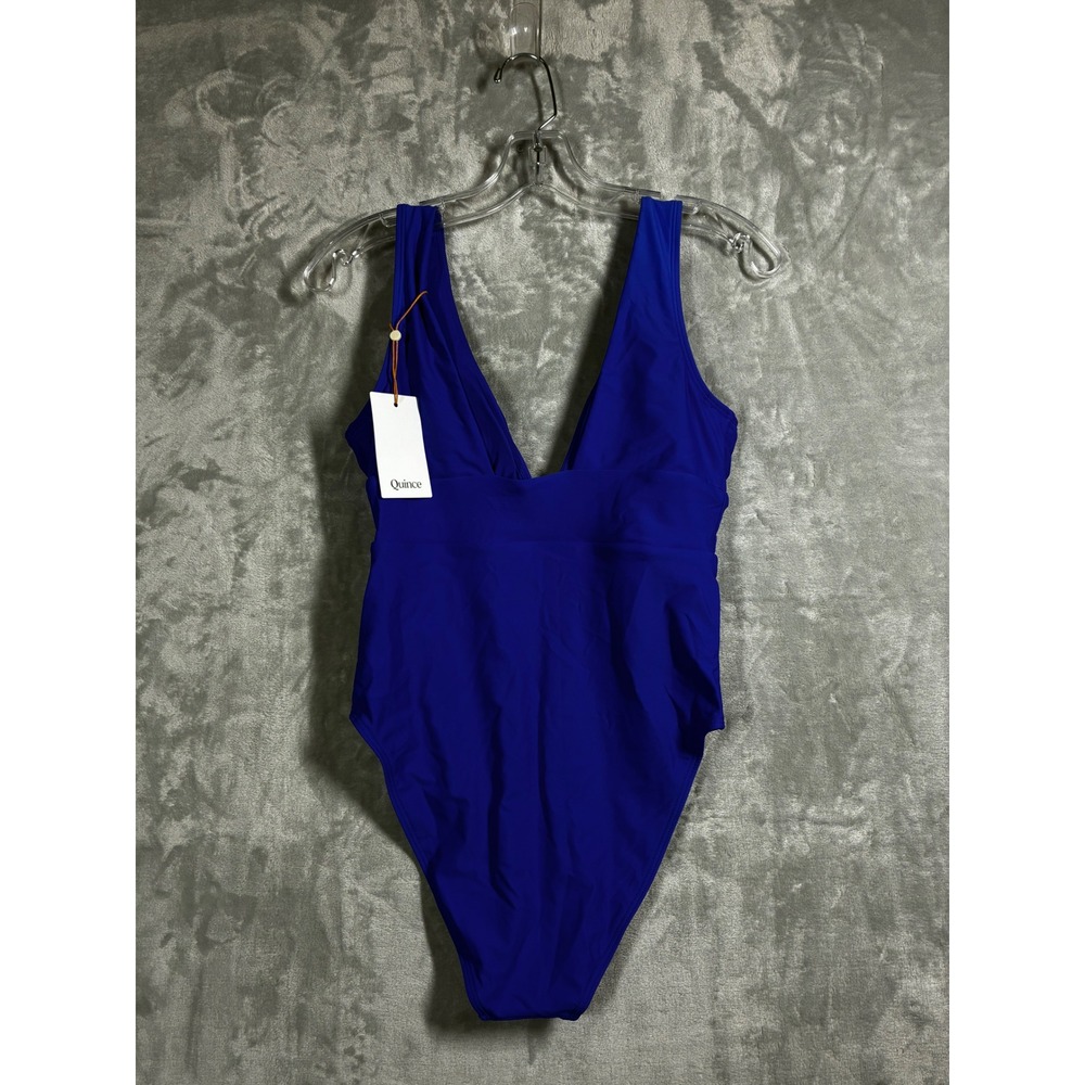 Quince Womens Italian Matte Recycled V-Neck One-Piece Swimsuit Blue Small NWT